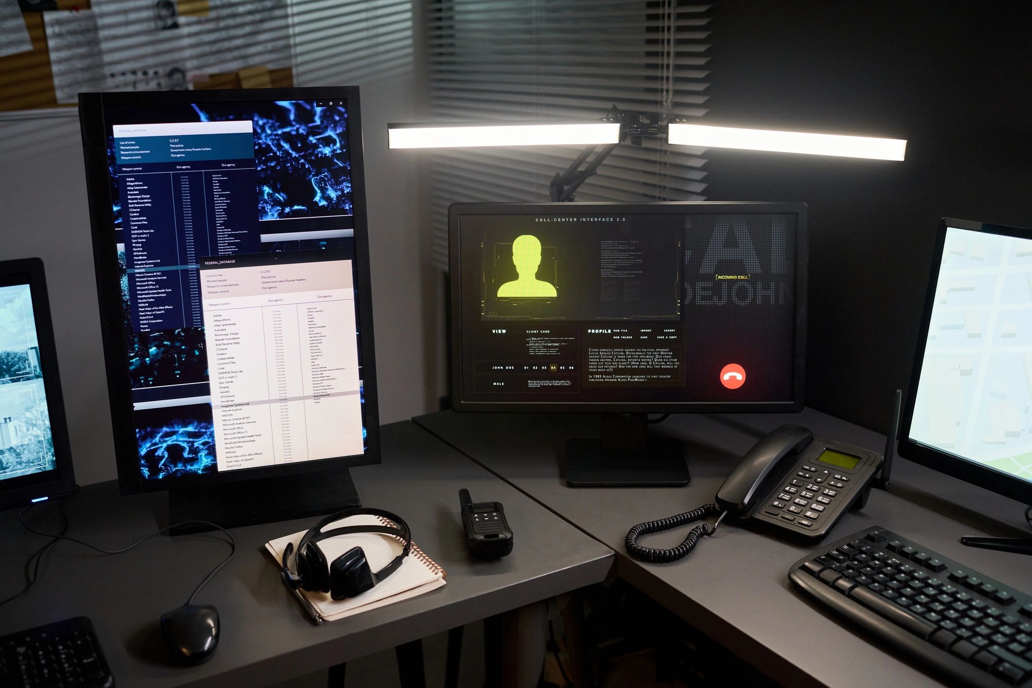 Security operations workstation displaying data and monitoring tools